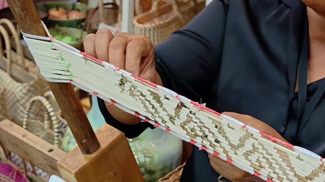 Artisan hand weaving and sewing straw cords into wicker fabric, Textile Craftsmanship, Manual Work, Asian Culture, Creative Pattern, Handcraft Texture