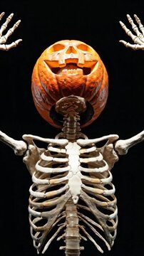 A spooky Halloween skeleton with a carved pumpkin head raising its arms against a black background.