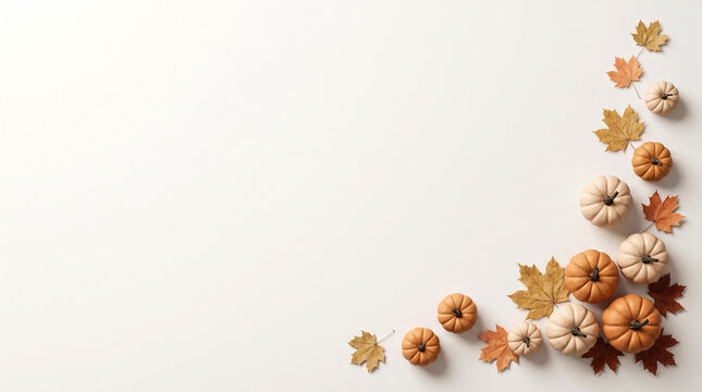 Autumn Pumpkins and Leaves Arranged on White Surface