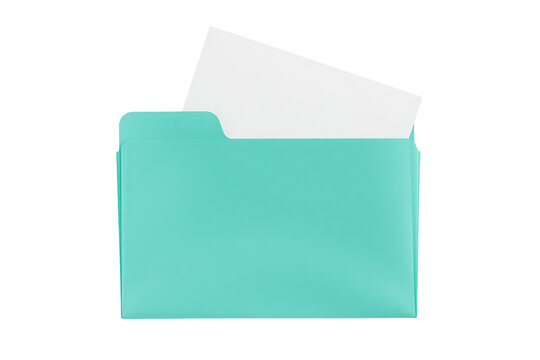 Turquoise folder holding blank white paper