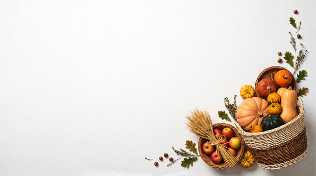 Basket of Autumn Harvest with Pumpkins and Apples on White Background