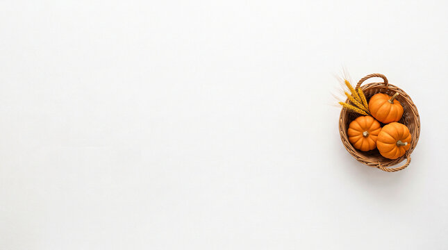 Pumpkins and wheat stalks in wicker basket on white background
