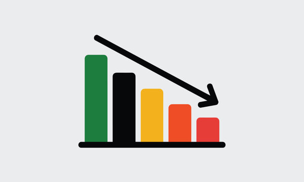Financial Loss and Declining Business Bar Graph Vector Icon with Downward Arrow Concept