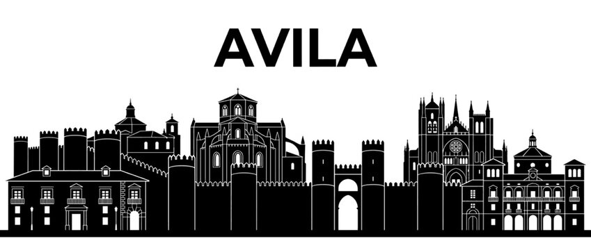 Avila Spain City Skyline Silhouette, Medieval Walls and Cathedral Stencil, Isolated Black Vector Landmark Illustration of Castile and Leon
