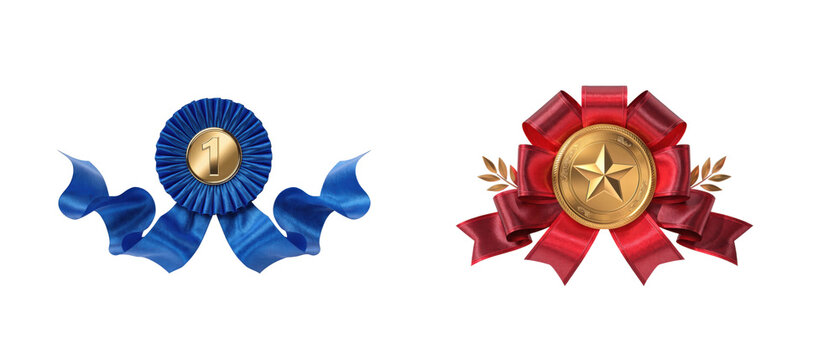 Two award ribbons with rosette details are displayed on transparent background ribbon medal prize