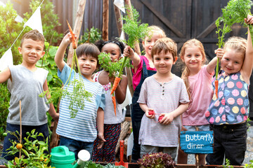 Happy children harvesting fresh vegetables in a garden