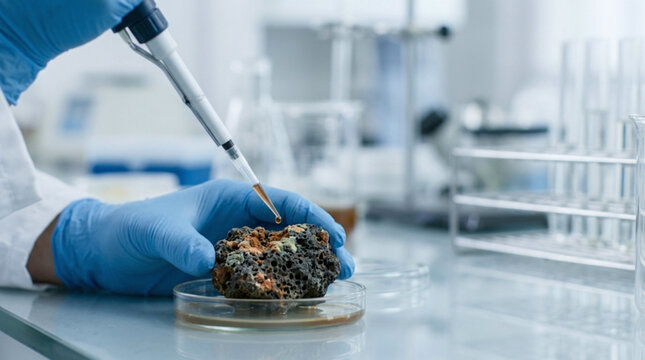 Scientist in blue gloves and lab coat examining soil sample with pipette in modern laboratory setting for research and analysis