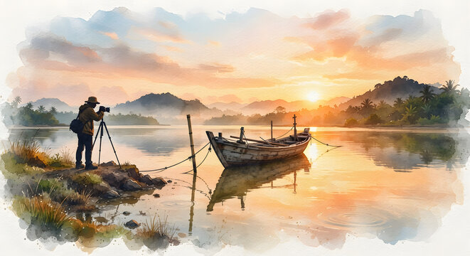 Watercolor Photographer at Tropical Sunset