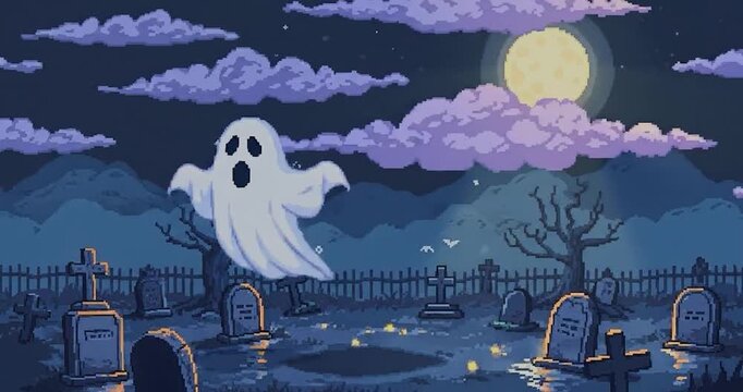 Spooky ghost in a graveyard under full moon.