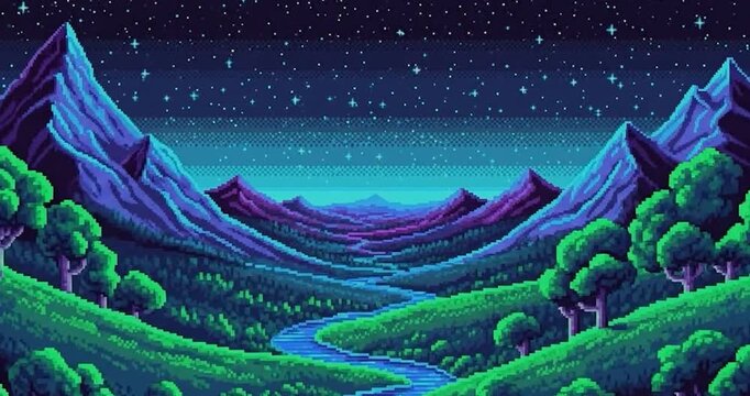 Starry night over pixel art mountain range and forest.
