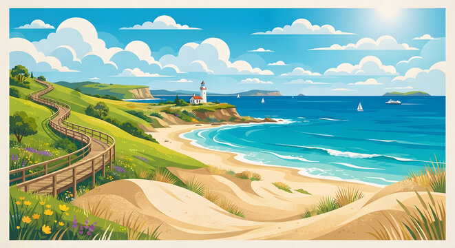 A scenic coastal landscape with a winding boardwalk and a lighthouse overlooking the blue ocean.