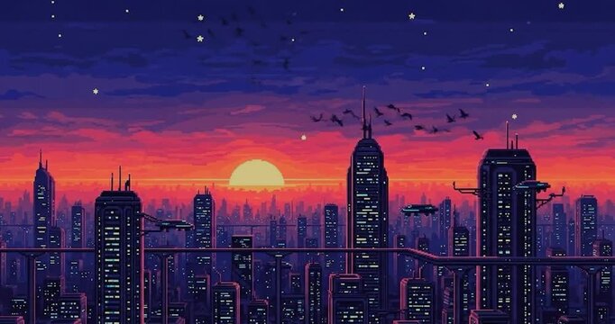 Vibrant sunset city skyline with birds pixel art.