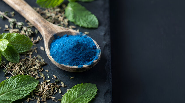 Vibrant blue spirulina powder in wooden spoon with fresh mint leaves and dried herbs on dark surface for health supplements and nutrition