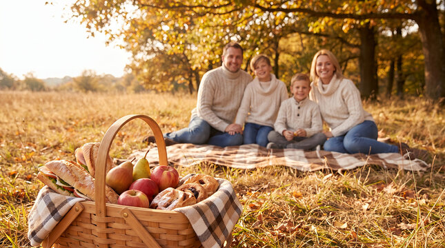 Family enjoying autumn picnic on a grassy field with a picnic basket  
