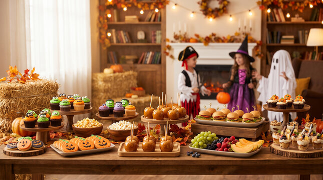 Kids dressed for Halloween enjoying a festive buffet in a cozy room  