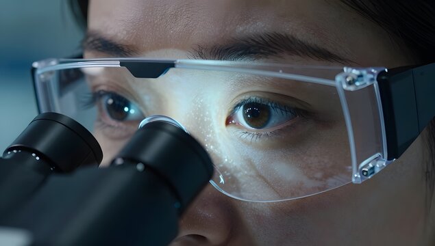 Lab Eyes, A close-up shot shows a finger pointing to a rising graph on a computer monitor, symbolizing financial growth and data analysis in a professional setting.