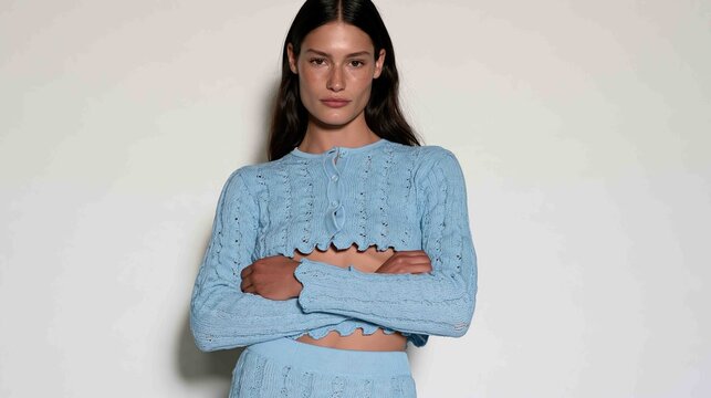 woman wearing light blue textured knit loungewear