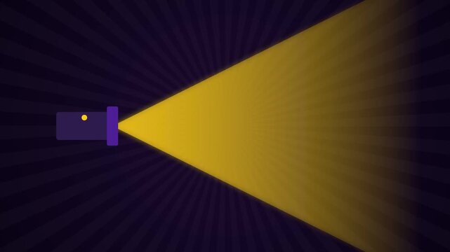 Flashlight shining bright yellow light beam against dark purple striped background animation loop in flat vector graphic style for creative presentation design and multimedia concepts