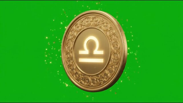Libra Zodiac Sign Golden Coin Rotating on Green Screen Background.