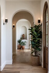 Fototapeta premium Home hallway with wooden flooring and wall sconces featuring green plants and an archway niche Generative AI