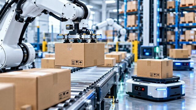 Automated warehouse system with robotic arm and mobile transport robots, enabling smart logistics facility for cardboard boxes on conveyor belt.
