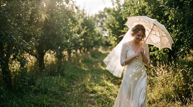 Smiling romantic bride in vintage lace wedding dress holding ornate parasol while walking through sunlit orchard during dreamy golden hour