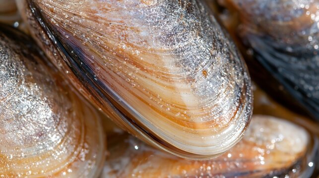 Fresh mussel shells with pearlescent silver and warm orange surfaces photographed in extreme macro detail
