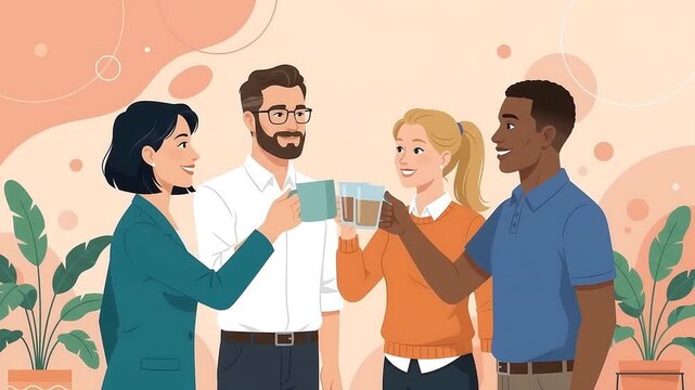 Diverse Group of Young Professionals Toasting with Coffee Mugs in Modern Office Environment Illustration