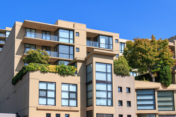 Apartment buildings in Richmond, BC, Canada during a sunny day