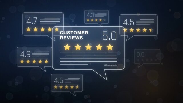 Customer review rating animation with five star score filling inside speech bubble cards
