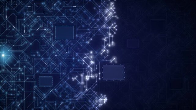 Circuit board pattern spreading across screen from glowing point in blue and magenta technology background