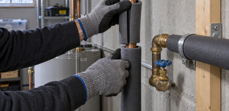 Man in work gloves insulating copper water pipe with foam tube in basement. Plumber preparing home plumbing system for cold winter season.