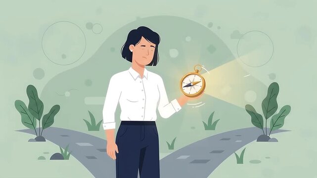 Businesswoman holding a glowing compass at a crossroads standing between two paths of a decision making concept