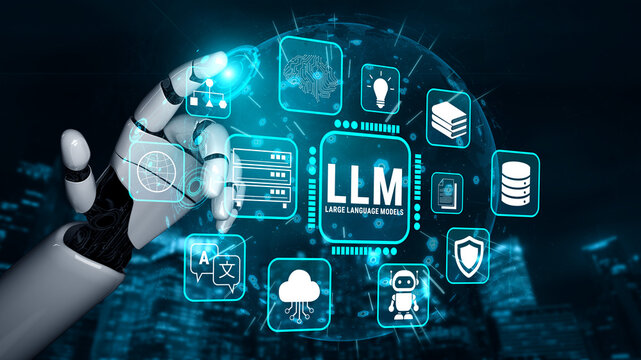 Futuristic Robotic Hand Interacting with Large Language Model Interface in a Digital Landscape Representing AI and Data Science Concepts Fluxor.