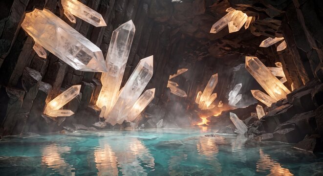 Prime Earth Subterranean Crystal Cavern with Turquoise Geothermal Pool and Glowing Formations