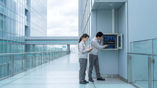 ガラス回廊の通信キャビネットを点検する二人の設備保守技術者と青い配線