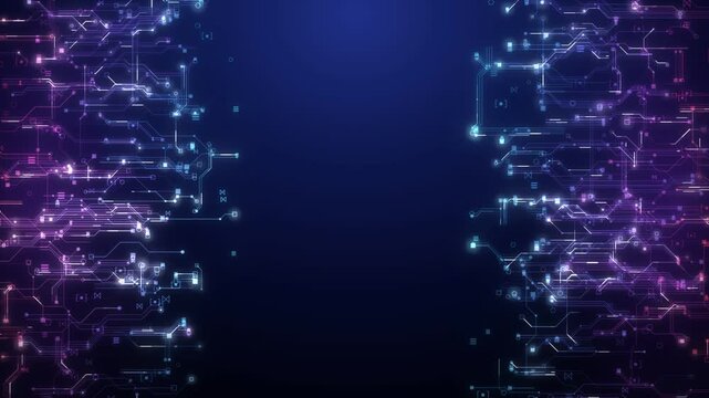 Glowing purple circuit traces on both sides with copy space center technology background loop