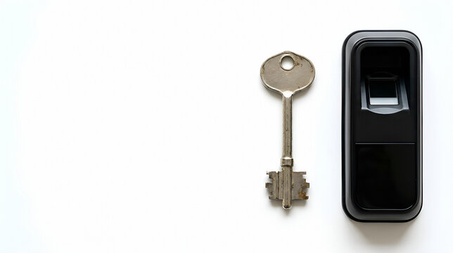 Metallic key and black smartphone on white surface