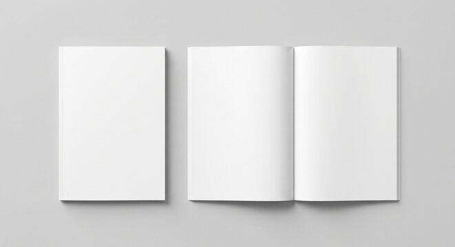 Top-down flat lay of closed and open blank magazine mockups on a neutral gray studio background.
