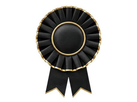 Detailed black and gold award ribbon rosette isolated on transparent background