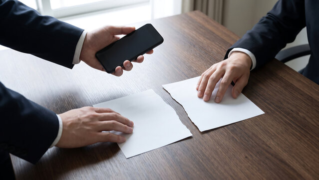 木製デスクに置いた裂けた紙へスマートフォンをかざすスーツ姿のビジネスマンの手元、書類の記録を表す写真