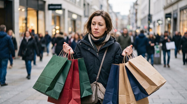 Overwhelmed shopper carries multiple shopping bags on busy urban street. Expression reflects consumer exhaustion, this overwhelmed shopper showing retail fatigue.