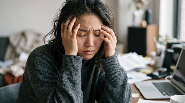 Overwhelmed young Asian woman with hands on head, experiencing stress at home office desk. Pressure and burnout are clear as this overwhelmed young Asian woman faces work demands.