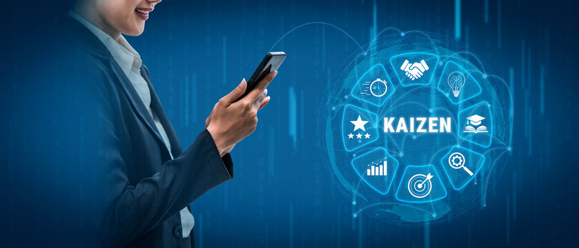 Business Professional Engaging with Mobile Device While Embracing Kaizen Principles for Continuous Improvement in a Digital Environment Quark.