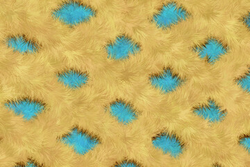 Abstract background texture of soft golden fur with bright blue spots. Seamless fluffy plush fabric pattern design for creative textile fashion or decorative animal print concepts. © Tetiana