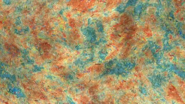 Impressionist oil paint brushstroke texture swirling slowly in orange and teal seamless loop background