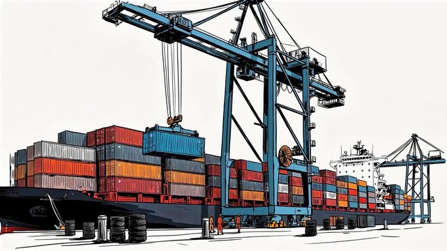 Illustrated Comic Style Animation of Gantry Crane Loading Shipping Container onto Cargo Ship at Port