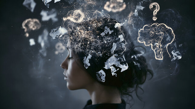 Surreal Conceptual Visual of Overwhelmed Human Mind with Chaotic Brain Lines, Fragmented Paper Pieces, and Question Marks Symbolizing Stress and Confusion