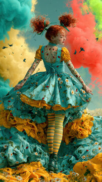 Whimsical redhaired girl in a turquoise floral dress and striped stockings, surrounded by vivid clouds, daisies and ladybirds in a playful fantasy scene.