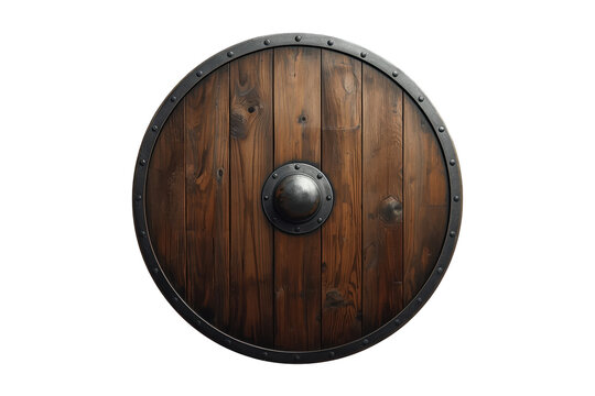 Dark round wooden shield with metal boss